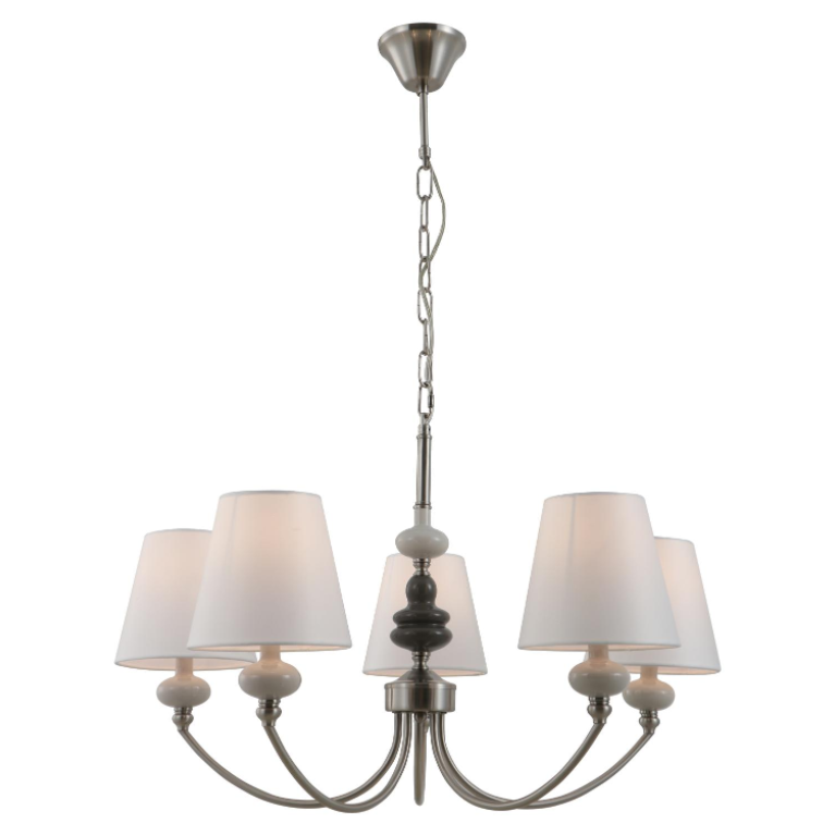 Satin Nickel 5-Lights Ceramic Chandelier with White Conical Fabric Shades