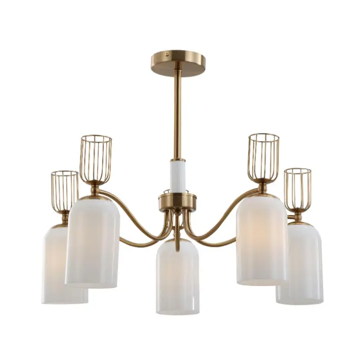 Lámpara de oro de vidrio blanco de lácteos retro de 5 luces