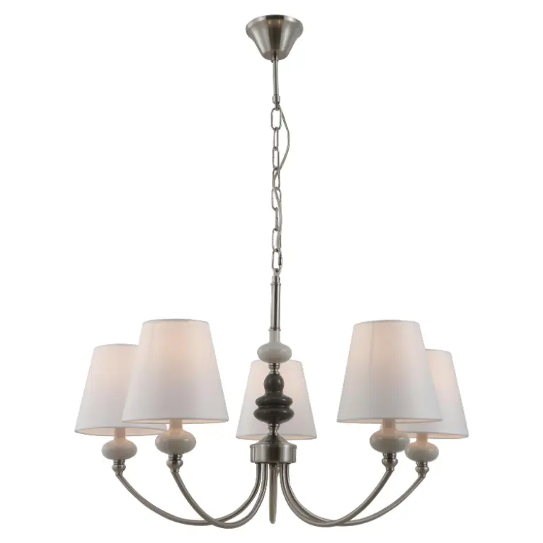 Candelera de cerámica de 5 luces satinadas con tonos de tela cónica blanca